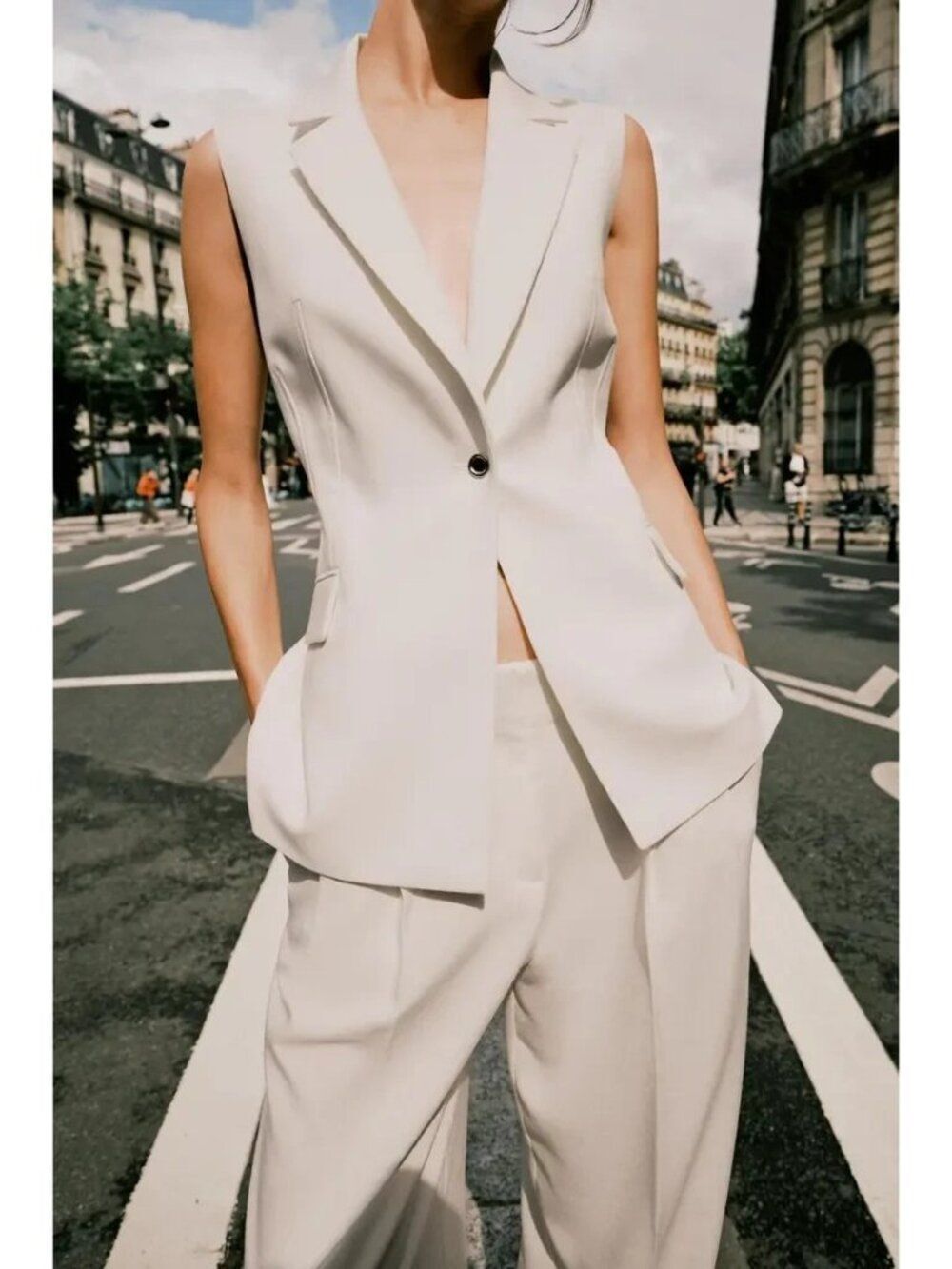 Zara Womens Long Vest Waistcoat Blazer Large Ecru Off white 8136/597 NWT